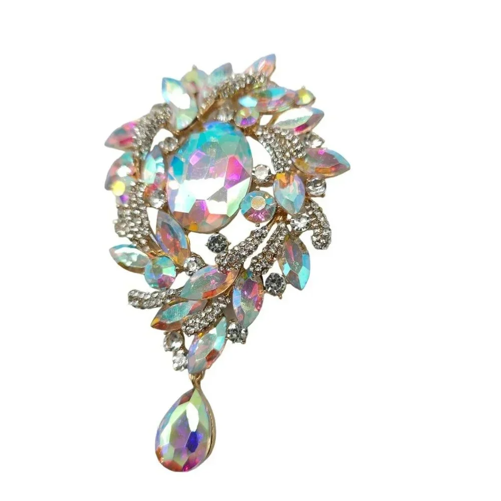 Pink Aurora Borealis Rhinestone Large Dangle Brooch Pin Gold Tone Vintage